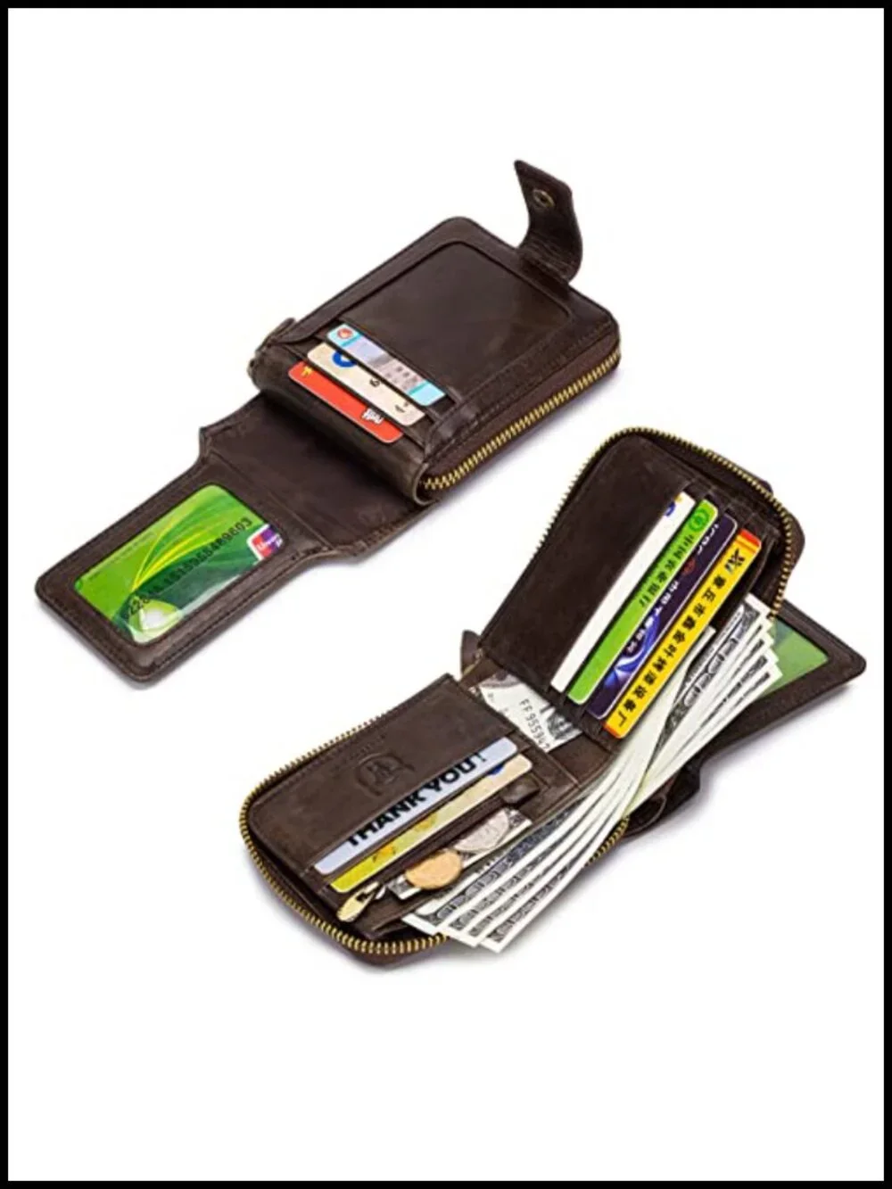 Genuine Leather RFID Blocking Large Capacity Bi-Fold Wallet with Zipper Coin